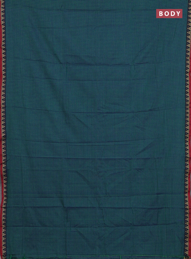 Narayanpet cotton saree teal green and maroon with allover small thread checked pattern and temple design thread woven border