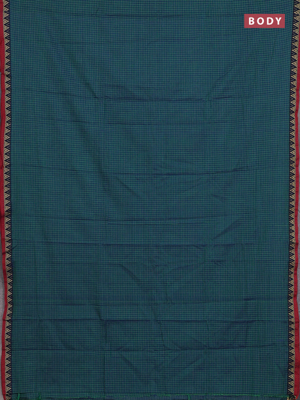 Narayanpet cotton saree teal green and maroon with allover small thread checked pattern and temple design thread woven border