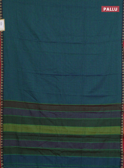 Narayanpet cotton saree teal green and maroon with allover small thread checked pattern and temple design thread woven border
