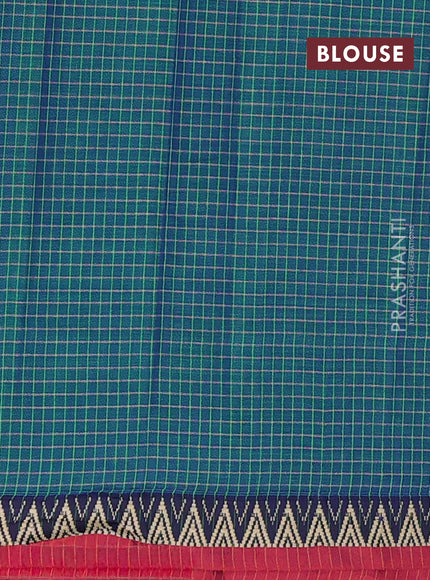 Narayanpet cotton saree teal green and maroon with allover small thread checked pattern and temple design thread woven border