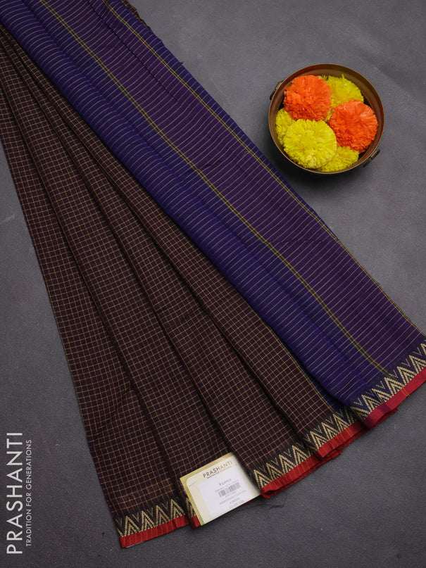 Narayanpet cotton saree coffee brown and maroon with allover small thread checked pattern and temple design thread woven border