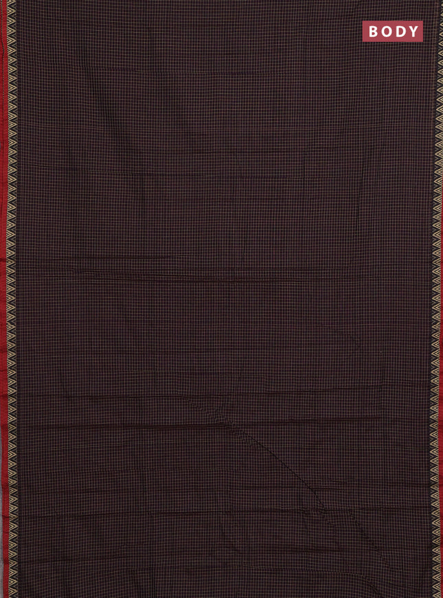 Narayanpet cotton saree coffee brown and maroon with allover small thread checked pattern and temple design thread woven border