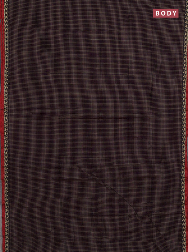Narayanpet cotton saree coffee brown and maroon with allover small thread checked pattern and temple design thread woven border