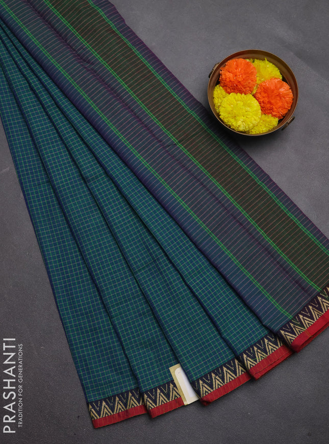 Narayanpet cotton saree teal green and maroon with allover small thread checked pattern and temple design thread woven border