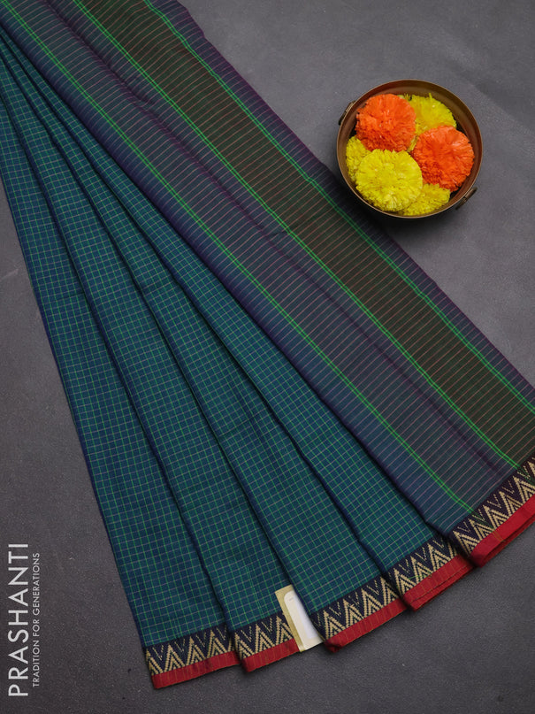 Narayanpet cotton saree teal green and maroon with allover small thread checked pattern and temple design thread woven border