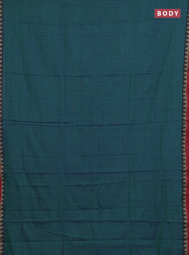 Narayanpet cotton saree teal green and maroon with allover small thread checked pattern and temple design thread woven border