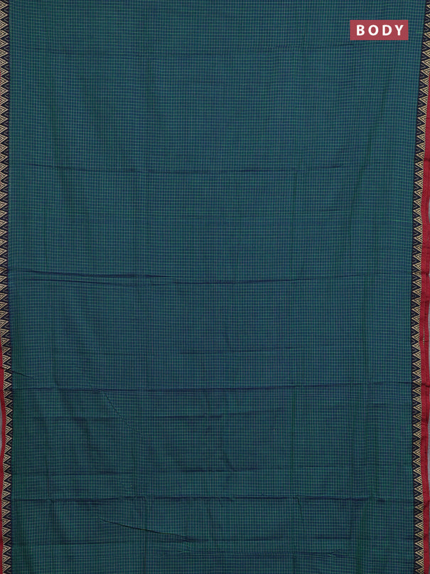 Narayanpet cotton saree teal green and maroon with allover small thread checked pattern and temple design thread woven border