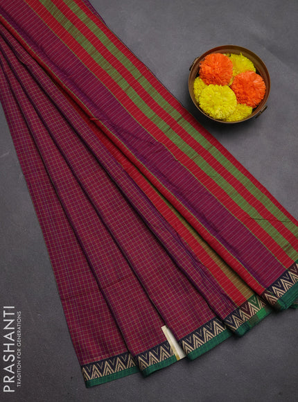 Narayanpet cotton saree magenta pink and green with allover small thread checked pattern and temple design thread woven border