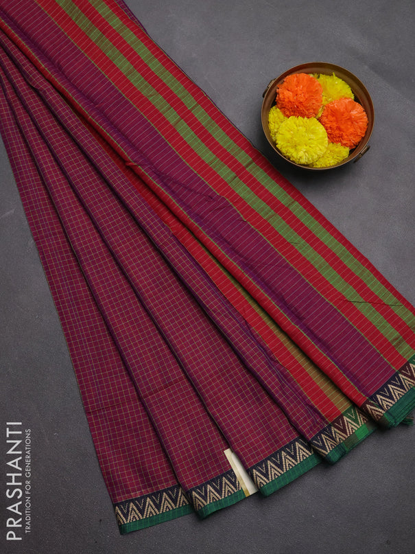 Narayanpet cotton saree magenta pink and green with allover small thread checked pattern and temple design thread woven border