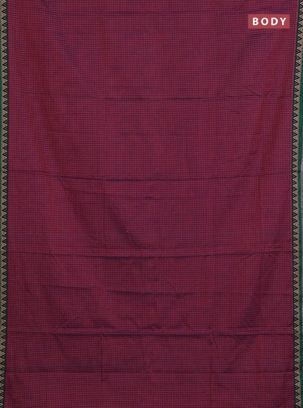 Narayanpet cotton saree magenta pink and green with allover small thread checked pattern and temple design thread woven border