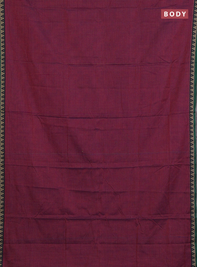 Narayanpet cotton saree magenta pink and green with allover small thread checked pattern and temple design thread woven border