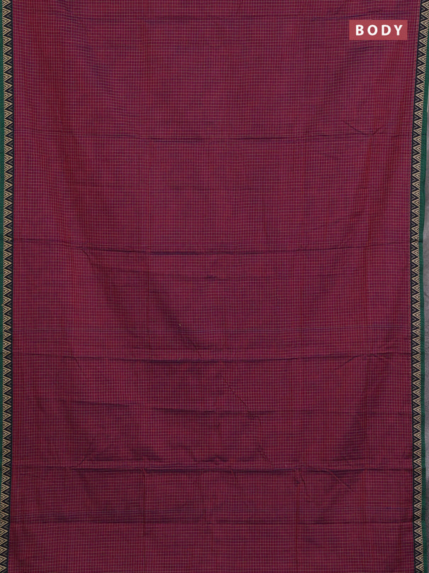 Narayanpet cotton saree magenta pink and green with allover small thread checked pattern and temple design thread woven border