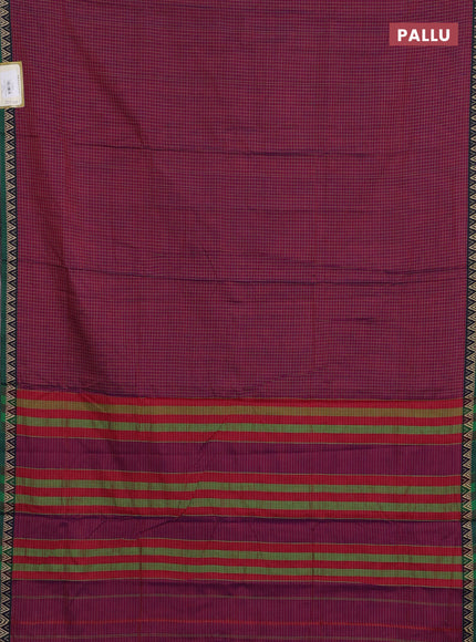 Narayanpet cotton saree magenta pink and green with allover small thread checked pattern and temple design thread woven border