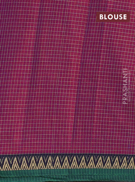 Narayanpet cotton saree magenta pink and green with allover small thread checked pattern and temple design thread woven border
