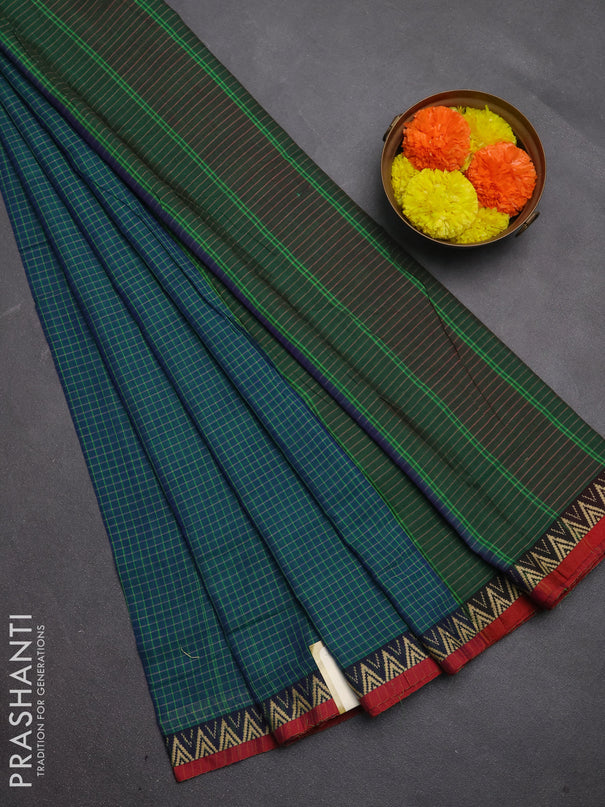 Narayanpet cotton saree teal green and maroon with allover small thread checked pattern and temple design thread woven border