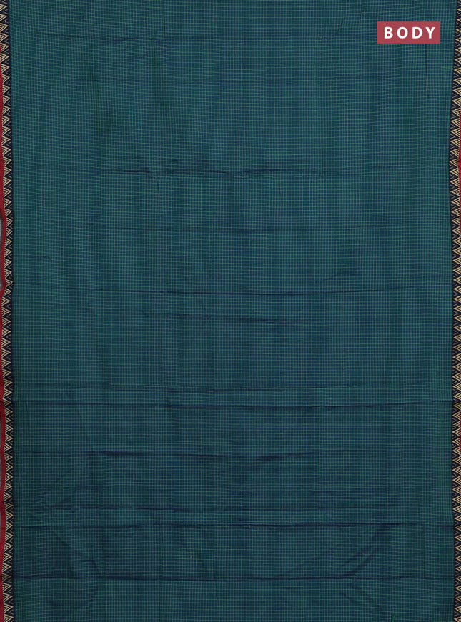 Narayanpet cotton saree teal green and maroon with allover small thread checked pattern and temple design thread woven border