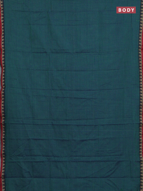 Narayanpet cotton saree teal green and maroon with allover small thread checked pattern and temple design thread woven border