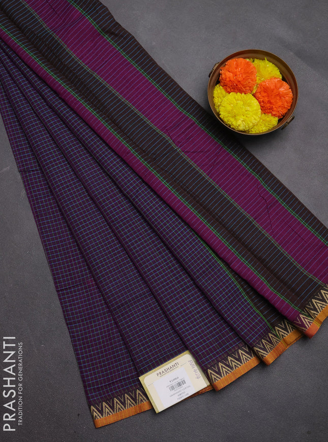 Narayanpet cotton saree purple and mustard yellow with allover small thread checked pattern and temple design thread woven border