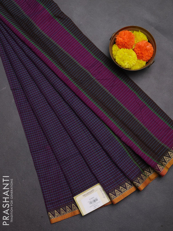 Narayanpet cotton saree purple and mustard yellow with allover small thread checked pattern and temple design thread woven border