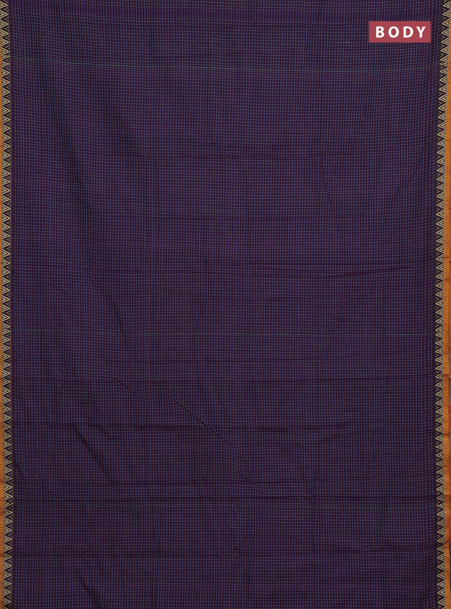 Narayanpet cotton saree purple and mustard yellow with allover small thread checked pattern and temple design thread woven border