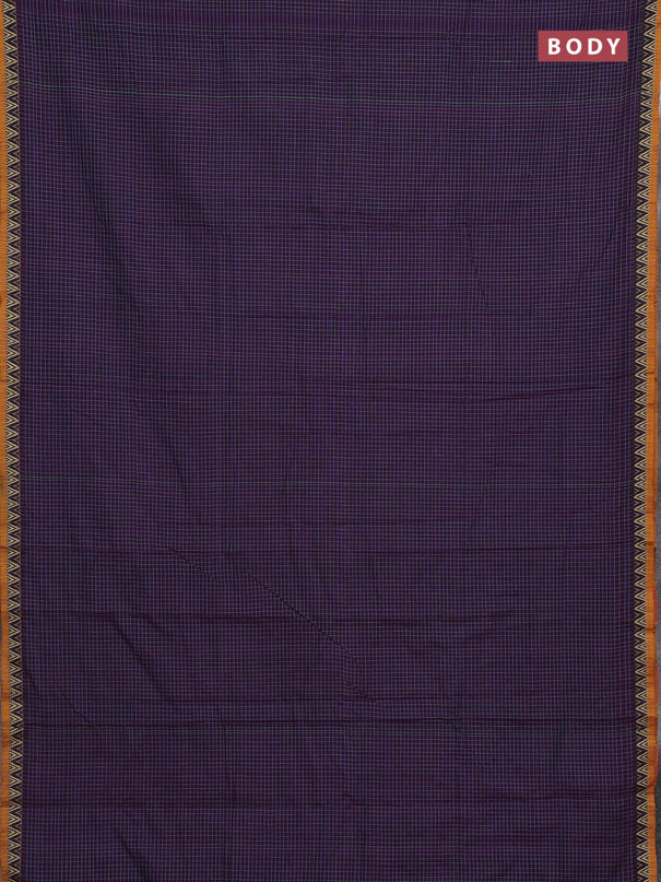 Narayanpet cotton saree purple and mustard yellow with allover small thread checked pattern and temple design thread woven border