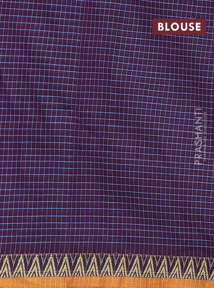 Narayanpet cotton saree purple and mustard yellow with allover small thread checked pattern and temple design thread woven border