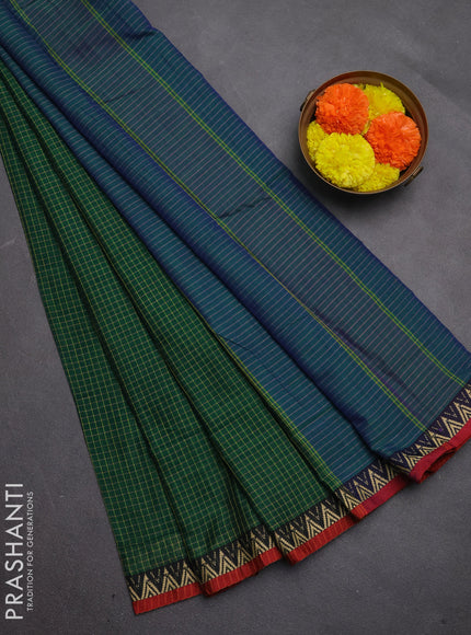 Narayanpet cotton saree green and black maroon with allover small thread checked pattern and temple design thread woven border