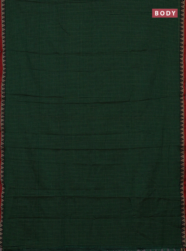Narayanpet cotton saree green and black maroon with allover small thread checked pattern and temple design thread woven border