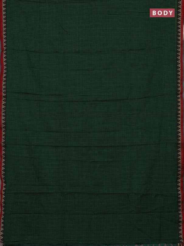 Narayanpet cotton saree green and black maroon with allover small thread checked pattern and temple design thread woven border