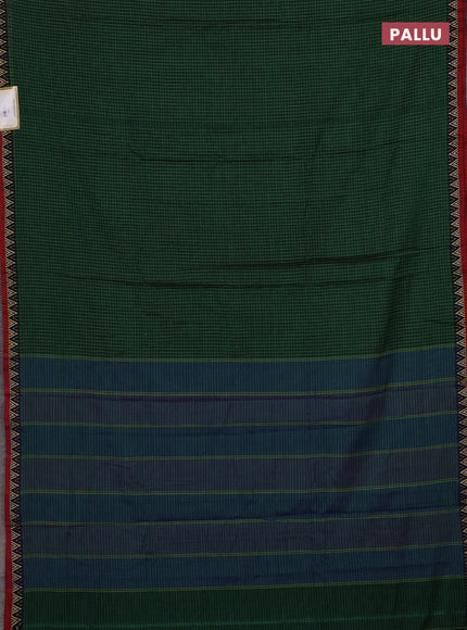Narayanpet cotton saree green and black maroon with allover small thread checked pattern and temple design thread woven border