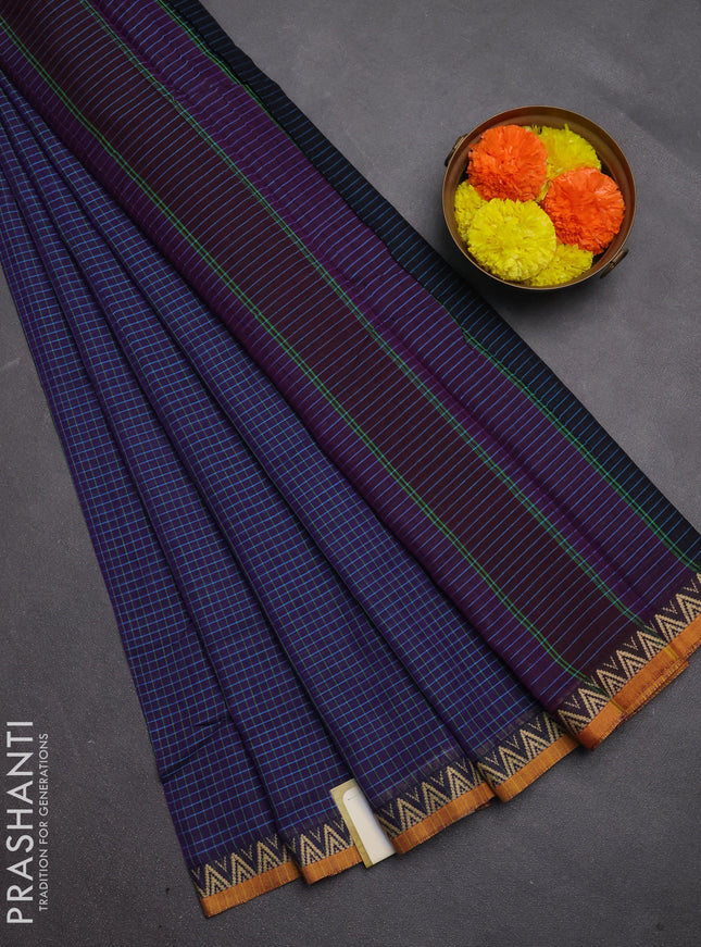 Narayanpet cotton saree violet and mustard yellow with allover small thread checked pattern and temple design thread woven border
