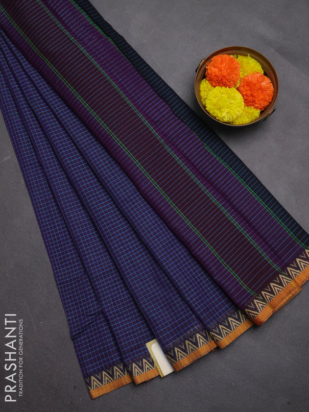 Narayanpet cotton saree violet and mustard yellow with allover small thread checked pattern and temple design thread woven border