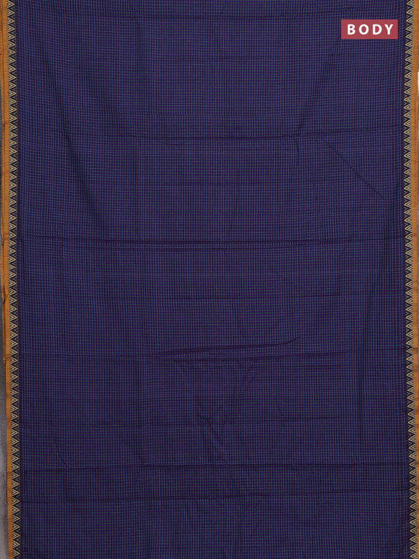 Narayanpet cotton saree violet and mustard yellow with allover small thread checked pattern and temple design thread woven border