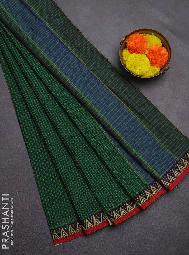 Narayanpet cotton saree green and maroon with allover small thread checked pattern and temple design thread woven border