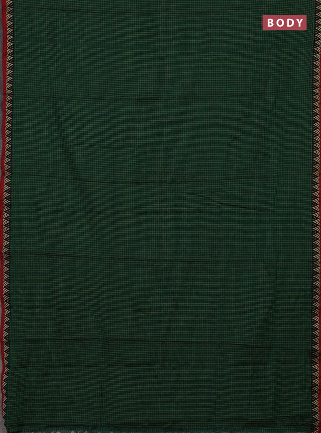 Narayanpet cotton saree green and maroon with allover small thread checked pattern and temple design thread woven border