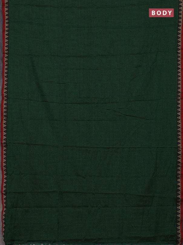 Narayanpet cotton saree green and maroon with allover small thread checked pattern and temple design thread woven border