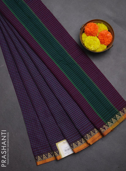 Narayanpet cotton saree purple and mustard yellow with allover small thread checked pattern and temple design thread woven border