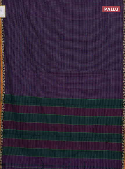 Narayanpet cotton saree purple and mustard yellow with allover small thread checked pattern and temple design thread woven border