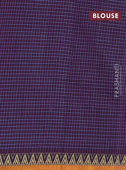 Narayanpet cotton saree purple and mustard yellow with allover small thread checked pattern and temple design thread woven border