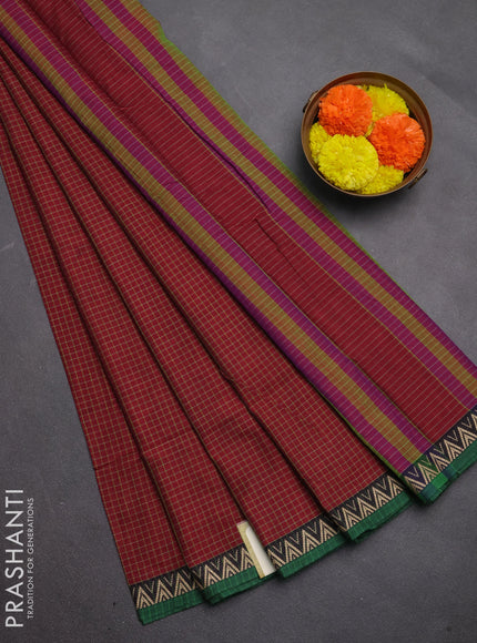 Narayanpet cotton saree maroon and green with allover small thread checked pattern and temple design thread woven border