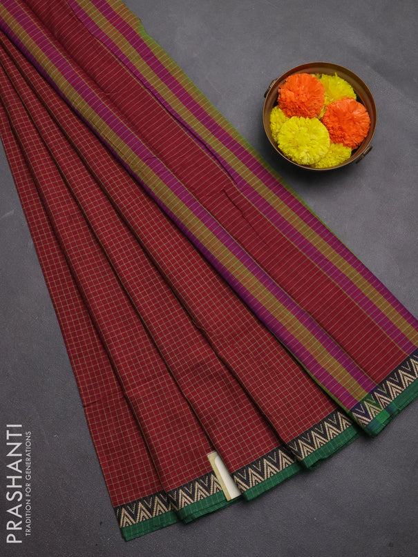 Narayanpet cotton saree maroon and green with allover small thread checked pattern and temple design thread woven border