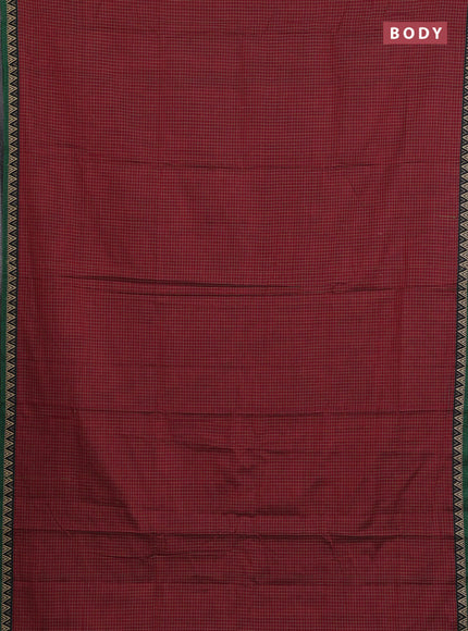 Narayanpet cotton saree maroon and green with allover small thread checked pattern and temple design thread woven border