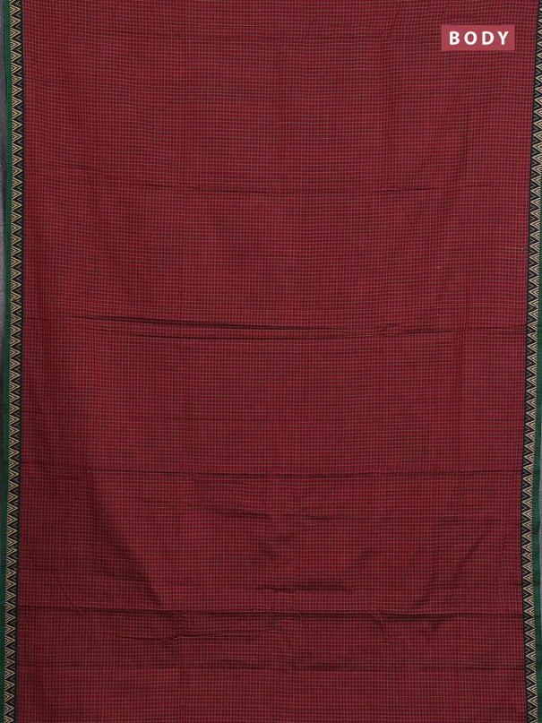 Narayanpet cotton saree maroon and green with allover small thread checked pattern and temple design thread woven border