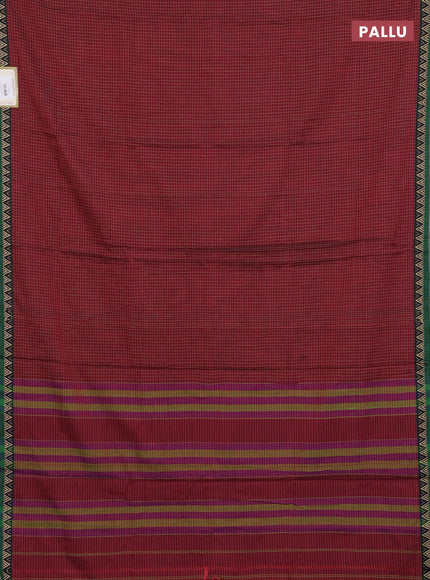 Narayanpet cotton saree maroon and green with allover small thread checked pattern and temple design thread woven border