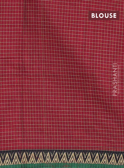 Narayanpet cotton saree maroon and green with allover small thread checked pattern and temple design thread woven border