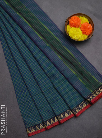 Narayanpet cotton saree dual shade of bluish green and maroon with allover small thread checked pattern and temple design thread woven border