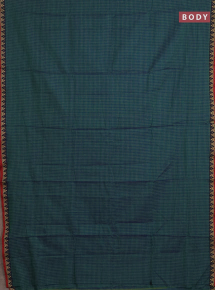 Narayanpet cotton saree dual shade of bluish green and maroon with allover small thread checked pattern and temple design thread woven border