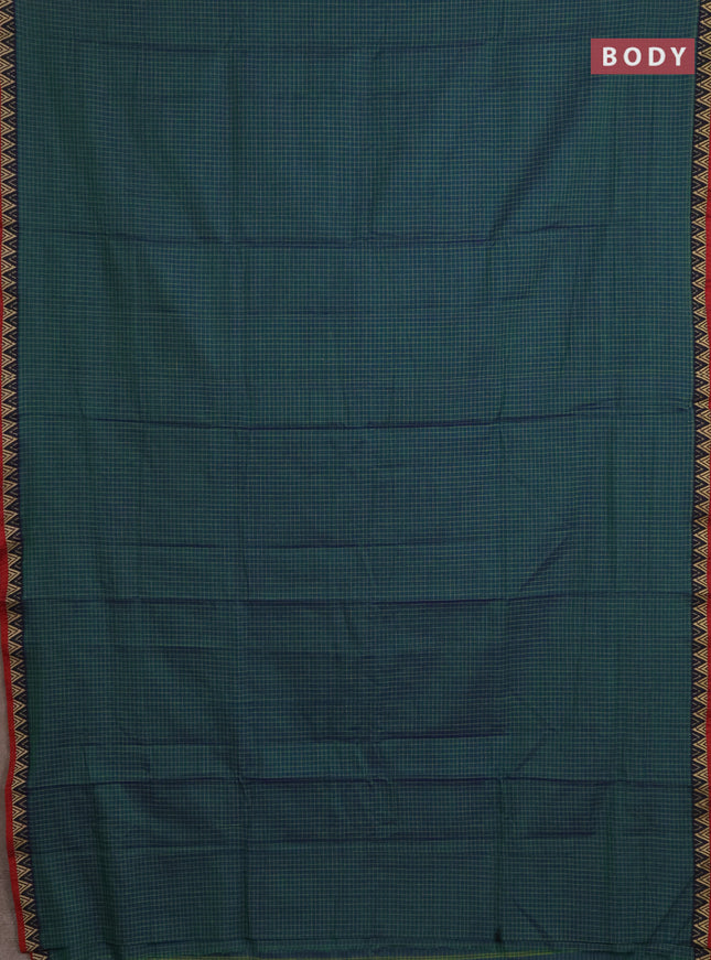 Narayanpet cotton saree dual shade of bluish green and maroon with allover small thread checked pattern and temple design thread woven border