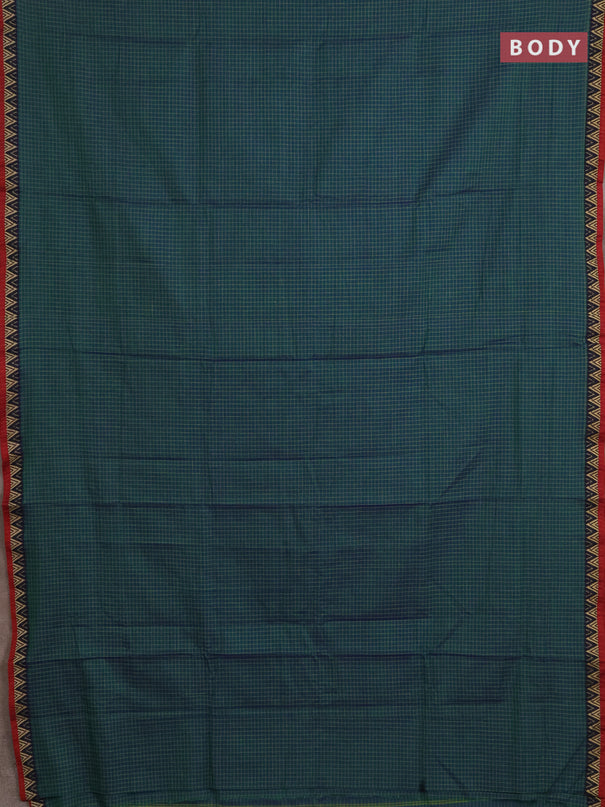 Narayanpet cotton saree dual shade of bluish green and maroon with allover small thread checked pattern and temple design thread woven border