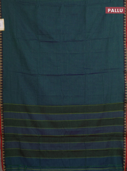 Narayanpet cotton saree dual shade of bluish green and maroon with allover small thread checked pattern and temple design thread woven border